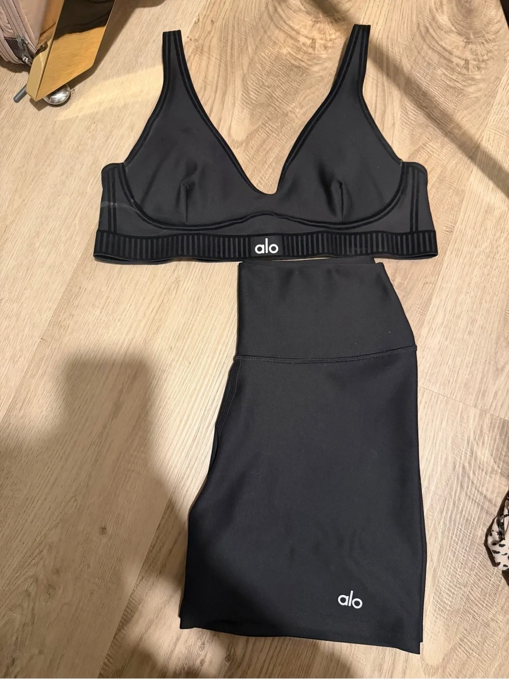 ALO Yoga Black V-Neck Bralette and High-Waist Short Set